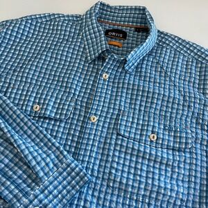 Orvis Men's Active Fit Blue Plaid Long Sleeve Button Down Seersucker‎ large